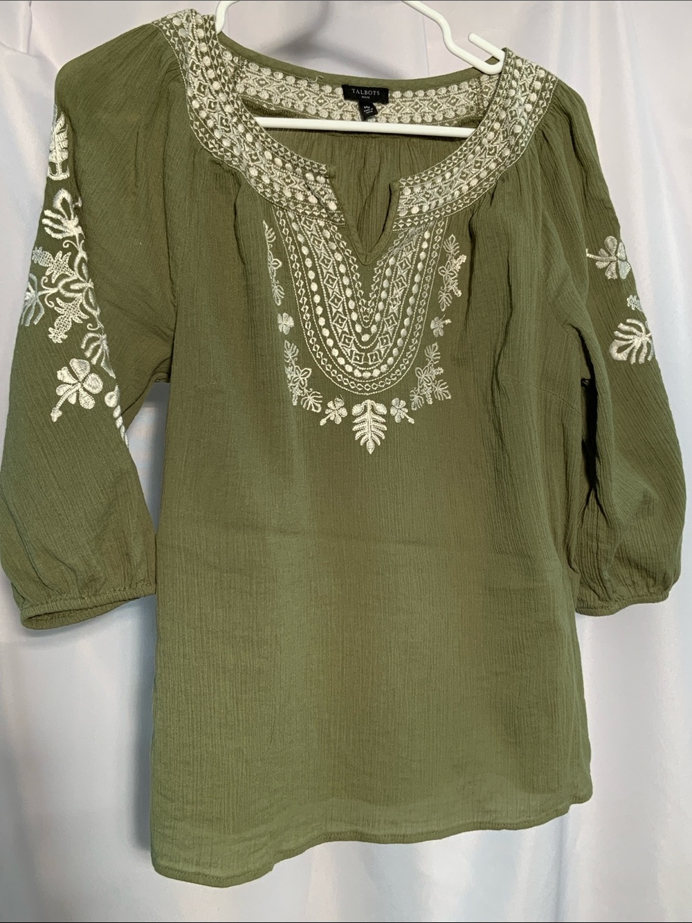 Talbots Olive Tunic with White Embroidered Yoke Peasant Blouse
